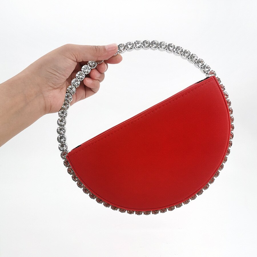 Diamond Red Heart Evening Clutch Bags Metal Handle Circle Purse Chic Rhinestone for Women Wedding Party Flaps: Circle Red