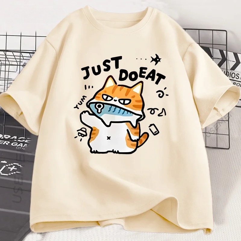 Engraçado gato comer peixe camiseta para mulheres verão topos camisetas o pescoço roupas femininas streetwear manga curta t camisa: XL / Cáqui