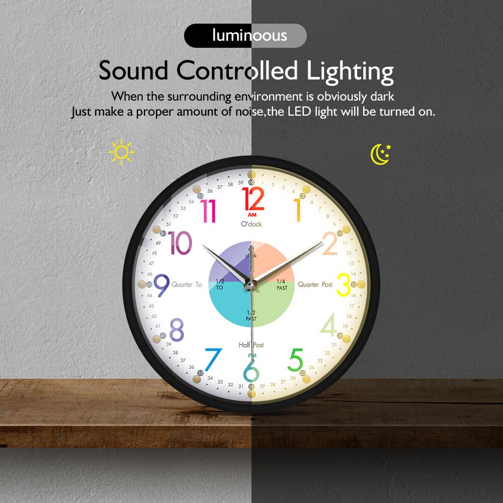 Telling Time Teaching LED Clock Modern With Metal Frame Time Teaching Aid Voice Control Smart Wall Clock With Night Light