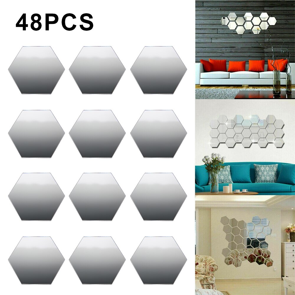 Pegatinas de espejo hexagonales geométricos 3D, decoración de pared, decoración de espejo acrílico, pegatina, bricolaje, impermeable, 48 Uds.