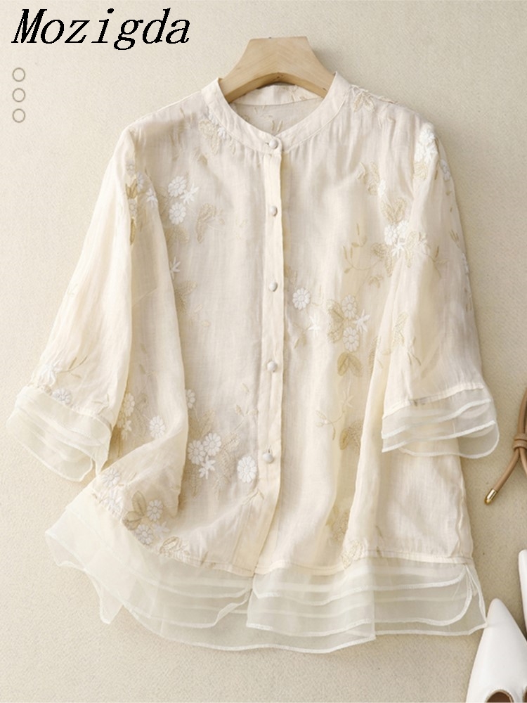 Frühling Sommer Frauen Hemd Bluse gespleißt Dreiviertel Gaze Stand Hals einreihig Brüste Folk bestickte Strickjacke Tops