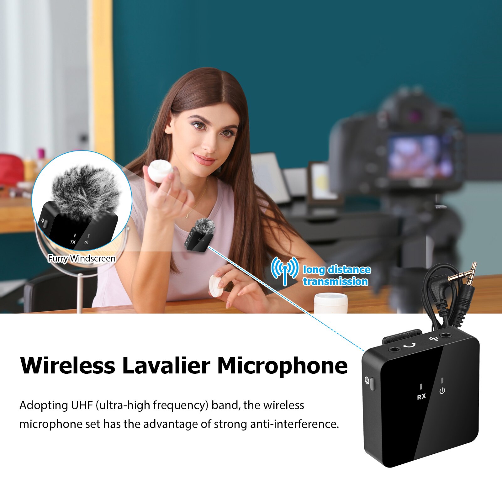 UHF Wireless Lavalier Microphone with Transmitter &amp; Receiver Clip-on Rechargeable Mic for Interview Live Show Vlog Shooting