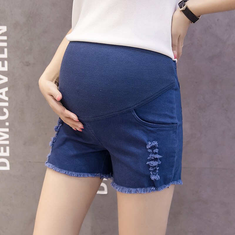 5 färger tillgängliga bomull gravida kvinnor tofsshorts sommar lös mage korta jeans med hål gravidkläder vanliga: Mörkblå / Xxl