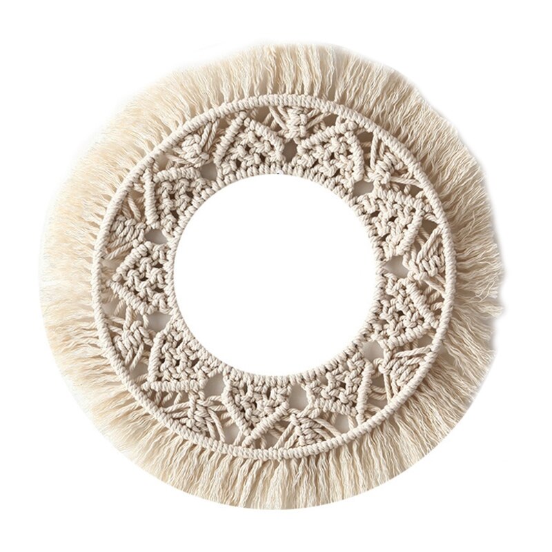 Marco de espejo de pared con borlas tejido a mano, tapiz de macramé bohemio, decoración colgante de pared redonda hueca para el hogar, decoración de habitación de niños: 103A