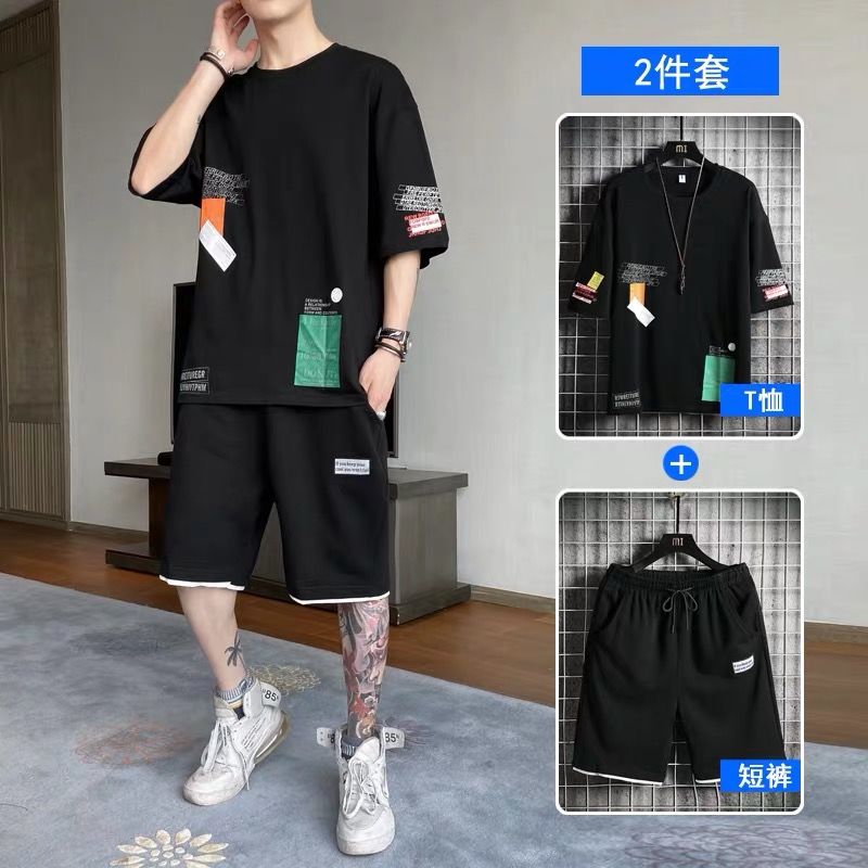 Kortermet herre fritidssportsdress ungdom løse klær sommer kul pustende treningsshorts todelt dress: L / Svart dress