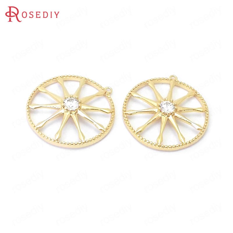 (39063)6PCS 17x18.5MM 24K Gold Color Brass and Zircon Round Star Charms Pendants Jewelry Making Supplies Diy Accessories