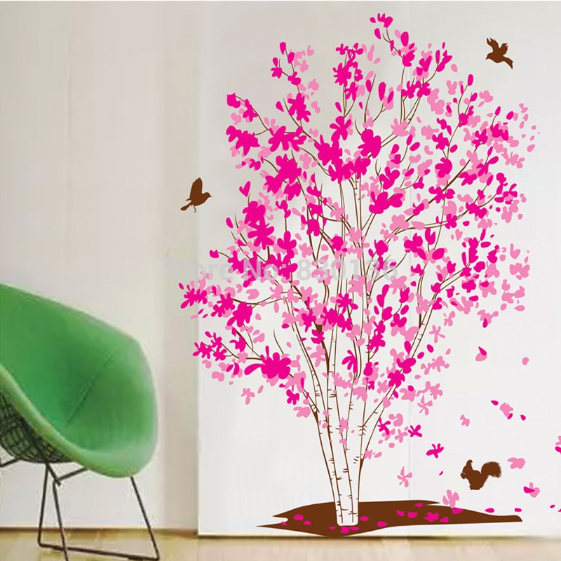 Een Boom Droom Roze Bloemen Vogels Muurstickers Home Decoratie in Woonkamer adesivo de parede