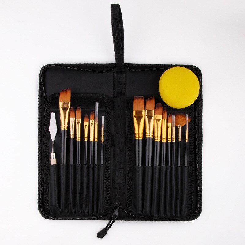 17 Pcs Set Artist Paint Brush With Carrying Case Knife Case Sponge Painting Black for Watercolor Paintbrush Oil Acrylic Drawing