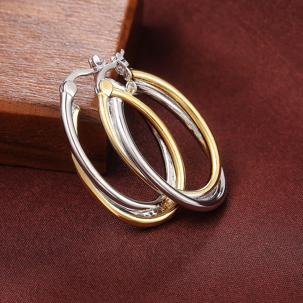 Huitan Two Tone Metal Hoop Earrings for Women Oval Intertwine Personality Girl Daily Wearable Jewelry Earrings: Default Title