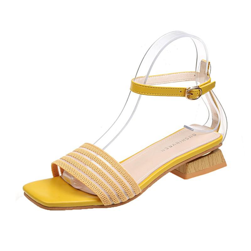 Gebreide Lage Hak Sandalen Vrouwen Hout Hak Open Teen Snoep Kleuren Zomer Stretch Stof Sandalen Dames Vierkante Teen Hakken Vrouwen: Yellow / 38