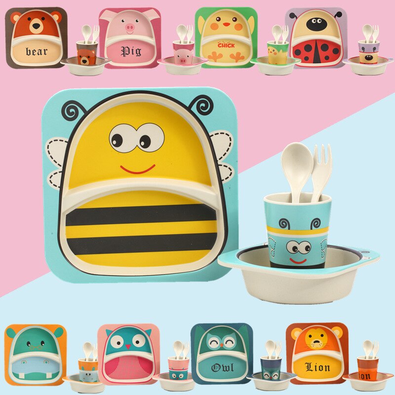 Imebaby5 pièce ensemble bambou vaisselle bambou bol bébé alimentation plaque créative dessin animé enfants bol/tasse/fourchette cuillère coffret