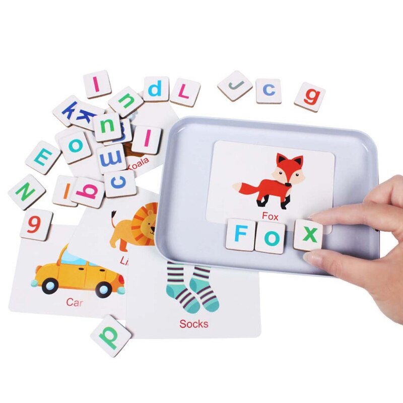 Træ magnetiske bogstaver numre legetøj køleskab magneter alfabet ordkort stavning 24be
