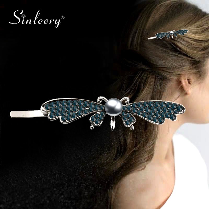 SINLEERY Chic Butterfly Hair Pins Silver Color Full Gray Blue Zircon Pearl Wedding Hair Accessories For Women Jewelry FS026 SSK