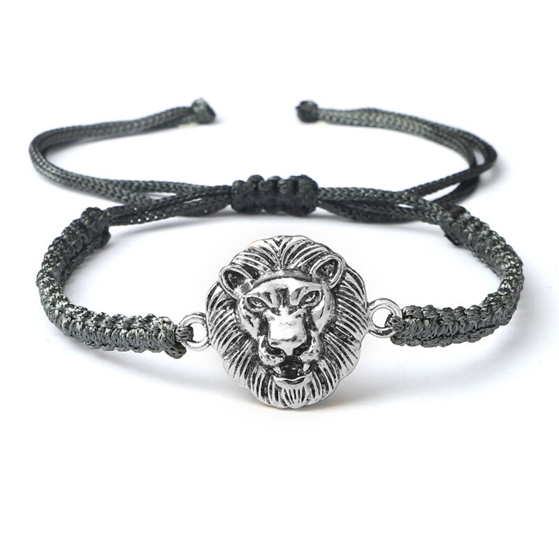 Vintage Leeuwenkop Bedelarmband Handgemaakte Geweven Rood Zwart Knopen Touw Verstelbare Armbanden En Armbanden Voor Vrouwen Mannen Paar Sieraden: Gray and silver