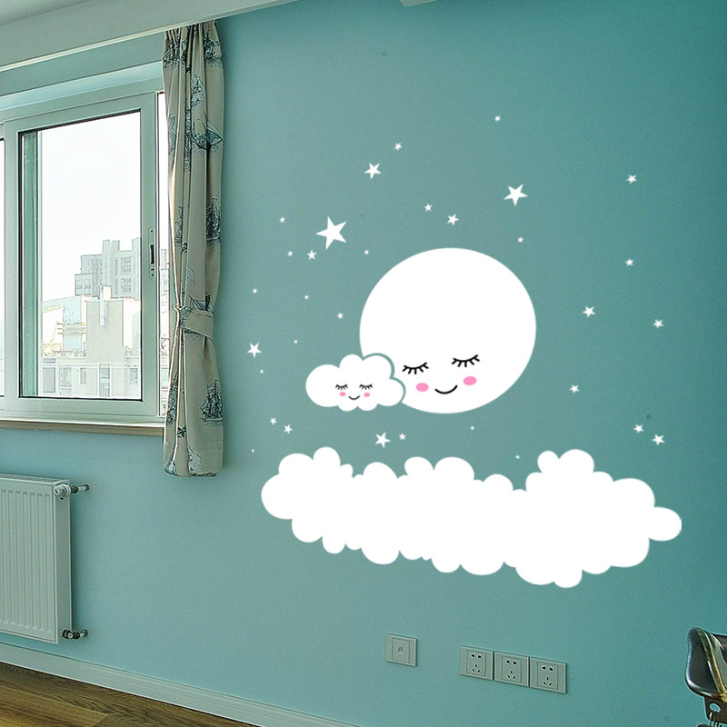 MURAL de estrellas de Luna, pegatina artística de pared DIY, papel tapiz de nubes para dormitorio infantil, calcomanías de pared para niños, niñas, bebés, decoración del hogar