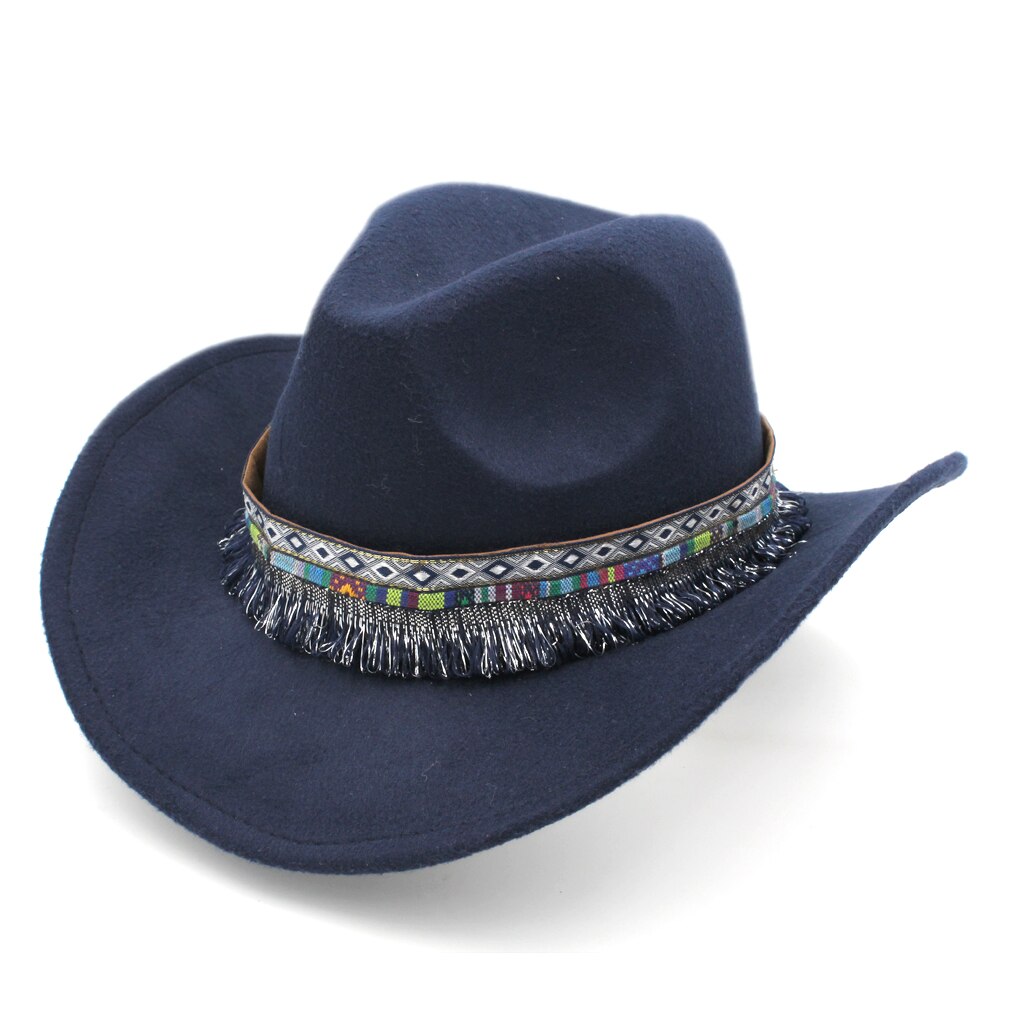 Mistdawn klassiske kvinder mænd western cowboy ridning hat ridning cowgirl cap bred brim m / bohemia kvast bånd størrelse 56-58cm: Marine blå