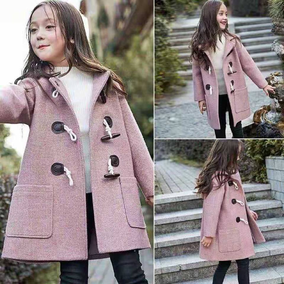 Toddler Girl Wool Coat Girls Coats England Style Horn Buckle Long Wool Jacket Coat Thicken outwear 4-14 Yrs Kids Cloth