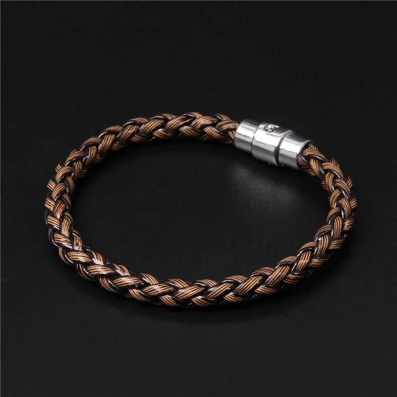 Bracelet tressé en bambou brun pour hommes, bijoux en acier inoxydable, fait à la main, avec boucle magnétique, Bracelet à breloques, pour hommes