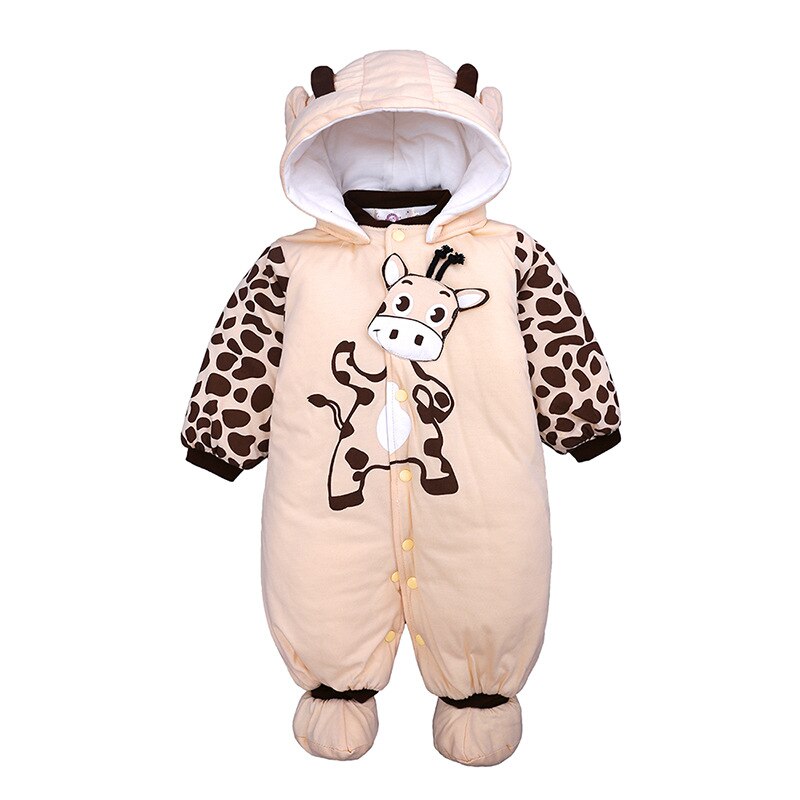 Winter Newborn Jumpsuit Printed Animal Baby Rompers Hoodie Clothes For 0-9M Boys Girls: beige / 3M