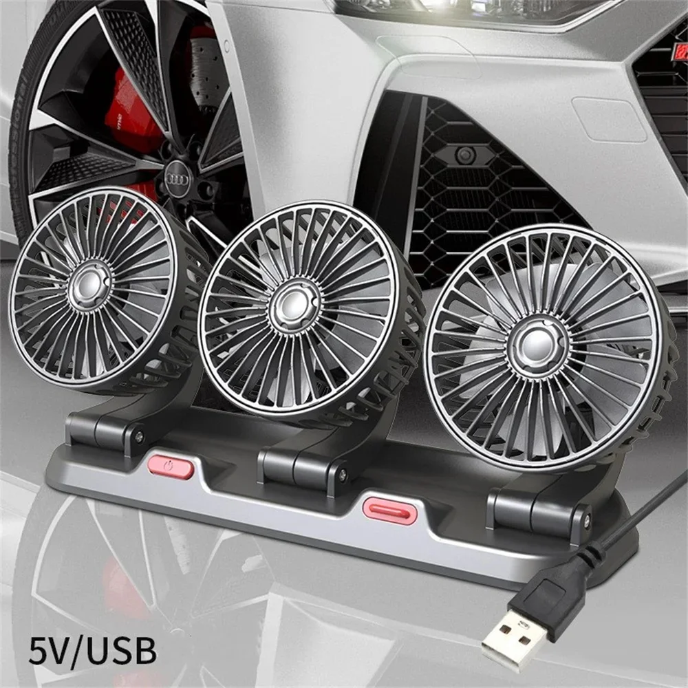 Autoventilator 360° ° Einstellbarer 3-Kopf-Luftventilator, elektrischer Kfz-Ventilator, USB/12 V/24 V, 2 Geschwindigkeiten, leiser Auto-Ventilator für Zuhause, Schreibtisch, Büro und Auto: Schwarz