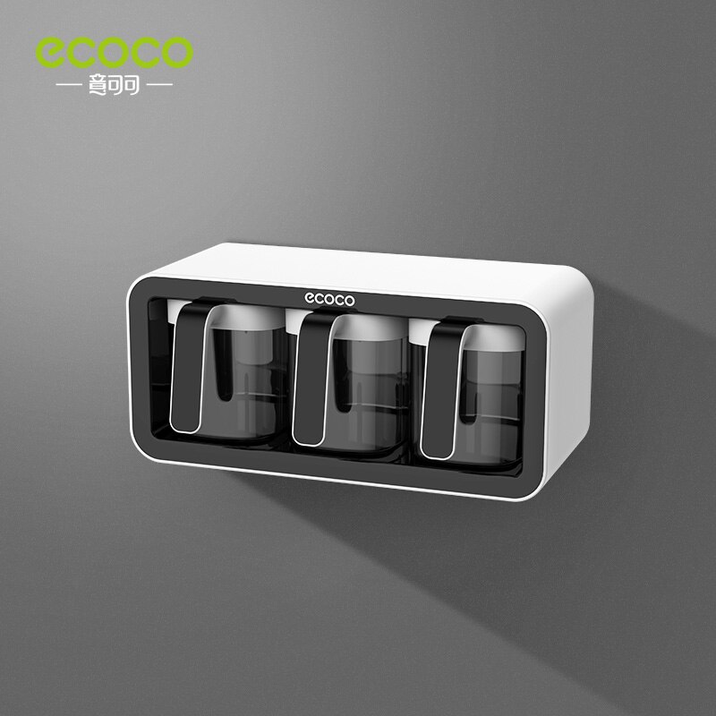 ECOCO Wall Mounted Seasoning Box Spice Storage Rack Seasoning Organizer Kitchen Accessories Salt Jar Shaker Pepper Container: Three  cups Black