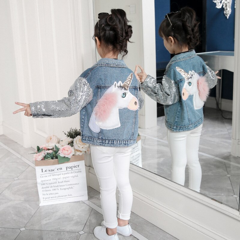 2-10Jahre freundlicher Mädchen Einhorn Jacken Herbst Mädchen Pailletten Spitzen Winter freundlicher Mädchen Denim Outwear Kleidung