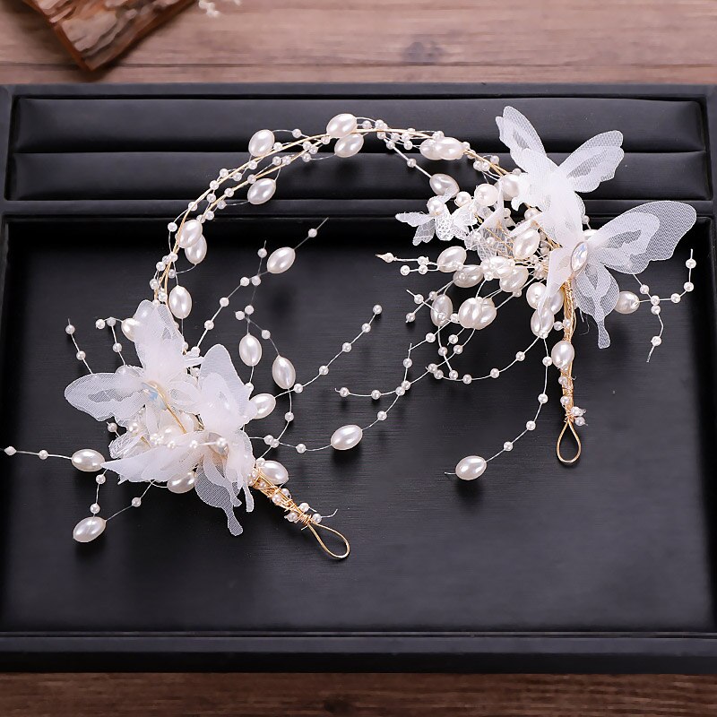 FORSEVEN White Silk Handmade Butterfly Headband Tassel Earrings Bride Tiaras Headpiece Wedding Hair Accessies Jewelry Set JL