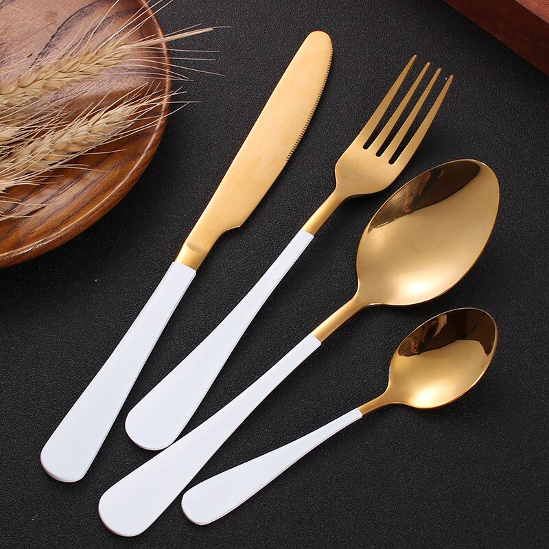 Black Gold Cutlery Set 18/10 Stainless Steel Fork Spoon Knife Set Mirror Tableware Set Portable Kitchen Spoon Silverware Set: white gold