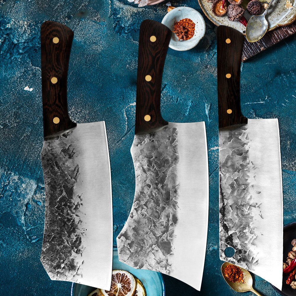 Traditional Forged Kitchen Knife Set Handmade Hammer Stainless Steel Chef's Chopper Cooking Knives Meat Slicer Butcher Knife: 3 Pcs Set 3