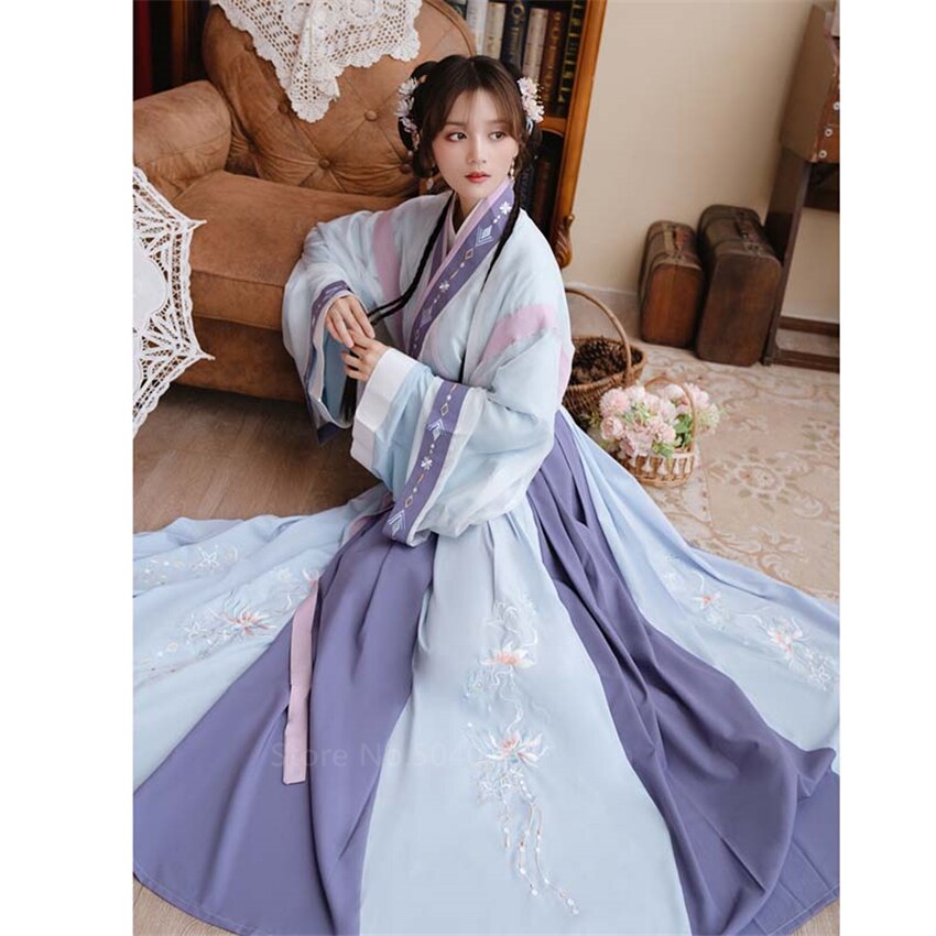 Chinese Ancient Traditional Hanfu Women Bandage Embroidery Print Fairy Dress Autumn Long Sleeve Performance Costume