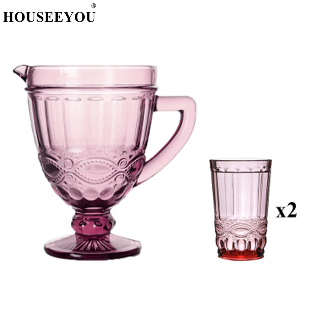 Houseeyou 1pc koldtvandskande  + 2 stk udskåret glaskop europæisk retro krystalvand vinkop drikkebar restaurantværktøj: Rød blomster