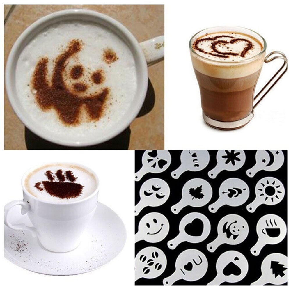 16pcs Koffie Stencil Filter Koffiezetapparaat Cappuccino Koffie Barista Mold Templates Strooi Bloemen Pad Spray Art Koffie Gereedschap