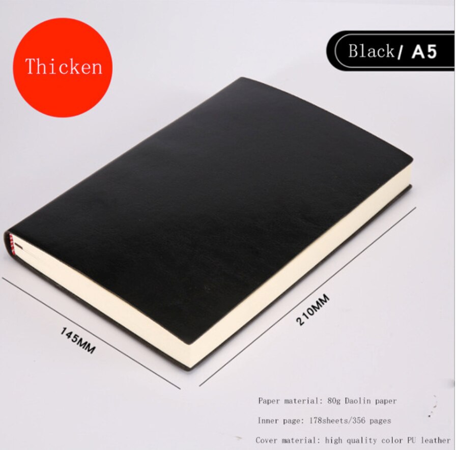 A5 A6 B5 Business increase thick Notebook Office meeting minutes Notepad leather soft copy line pages Diary Stationery: A5 Thicken Black