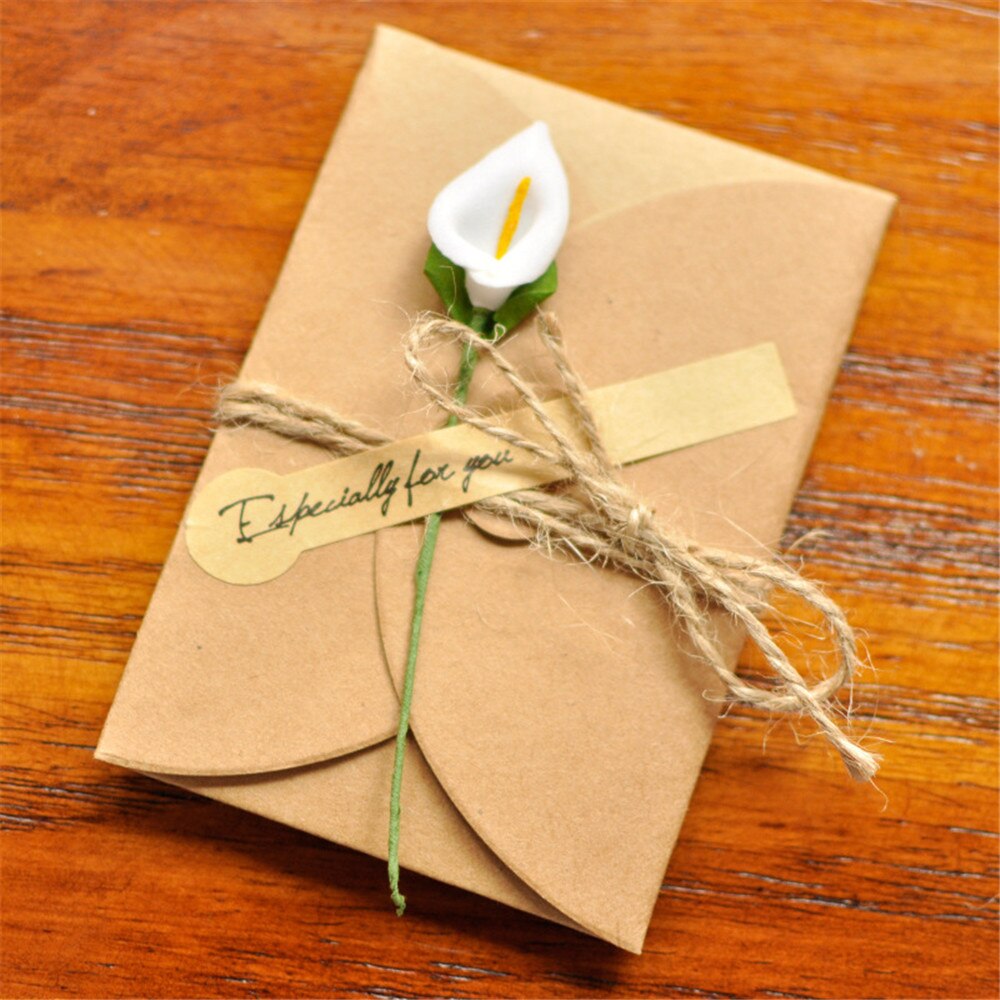 5pcs Vintage Kraft Paper Invitation Greeting Card with Envelope Handmade Dry Flower Wedding Party Invitation Envelopes Postcards: 5pcs calla