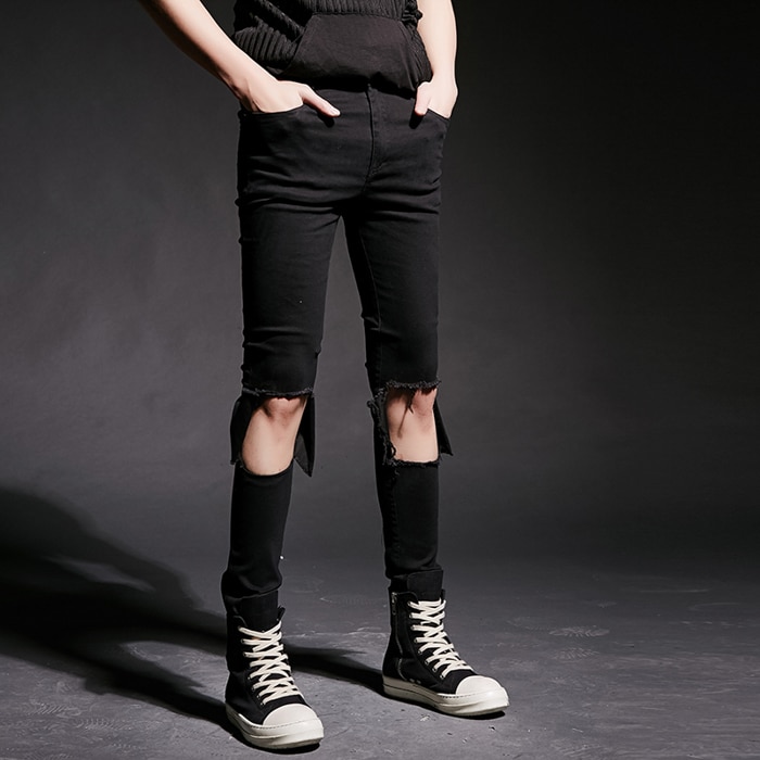 Stijlvolle gescheurde jeansbroek biker slim straight gerafelde skinny jeans heren