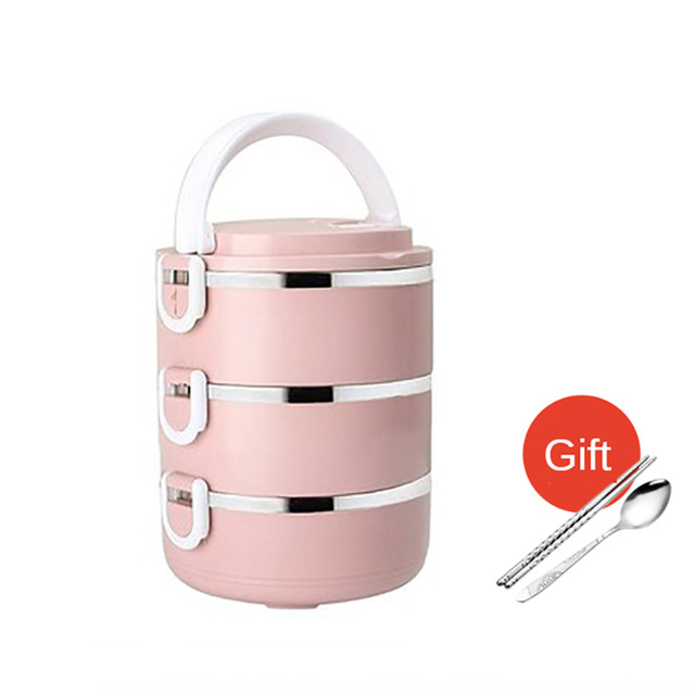 Microwave Stainless Steel Thermal Lunch Box Food Storage Box Travel Picnic Leakproof Lunch Box Students Adult Lunch Box: Pink 3 Layer