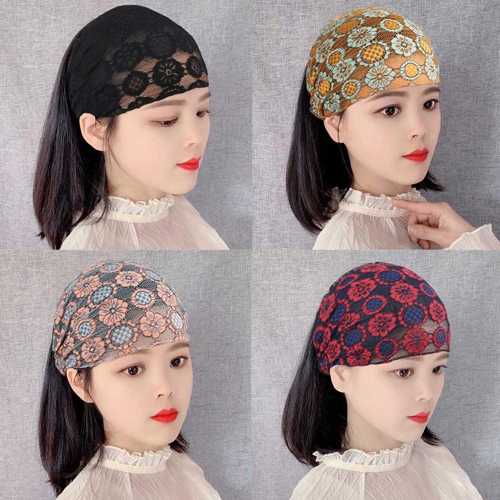 Vrouwen See Through Floral Lace Stretch Brede Head Band Haarband Bandana Headwrap