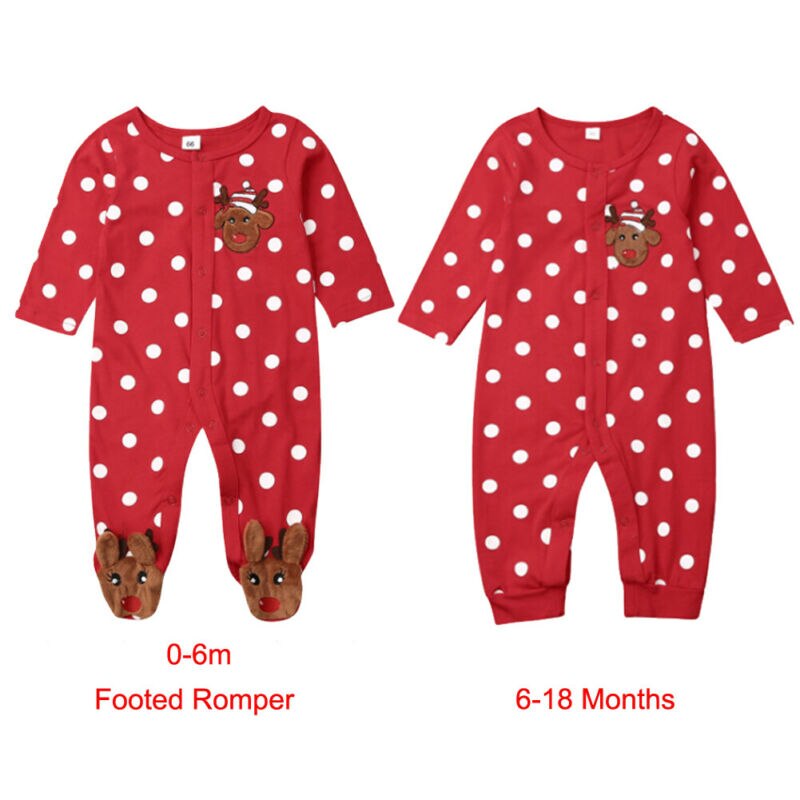 My First Christmas Infant Baby Rompers Boys Girls Dotted Deer Floral Top Pants Foot Romper Kid Outfit Clothes Size 0-18M