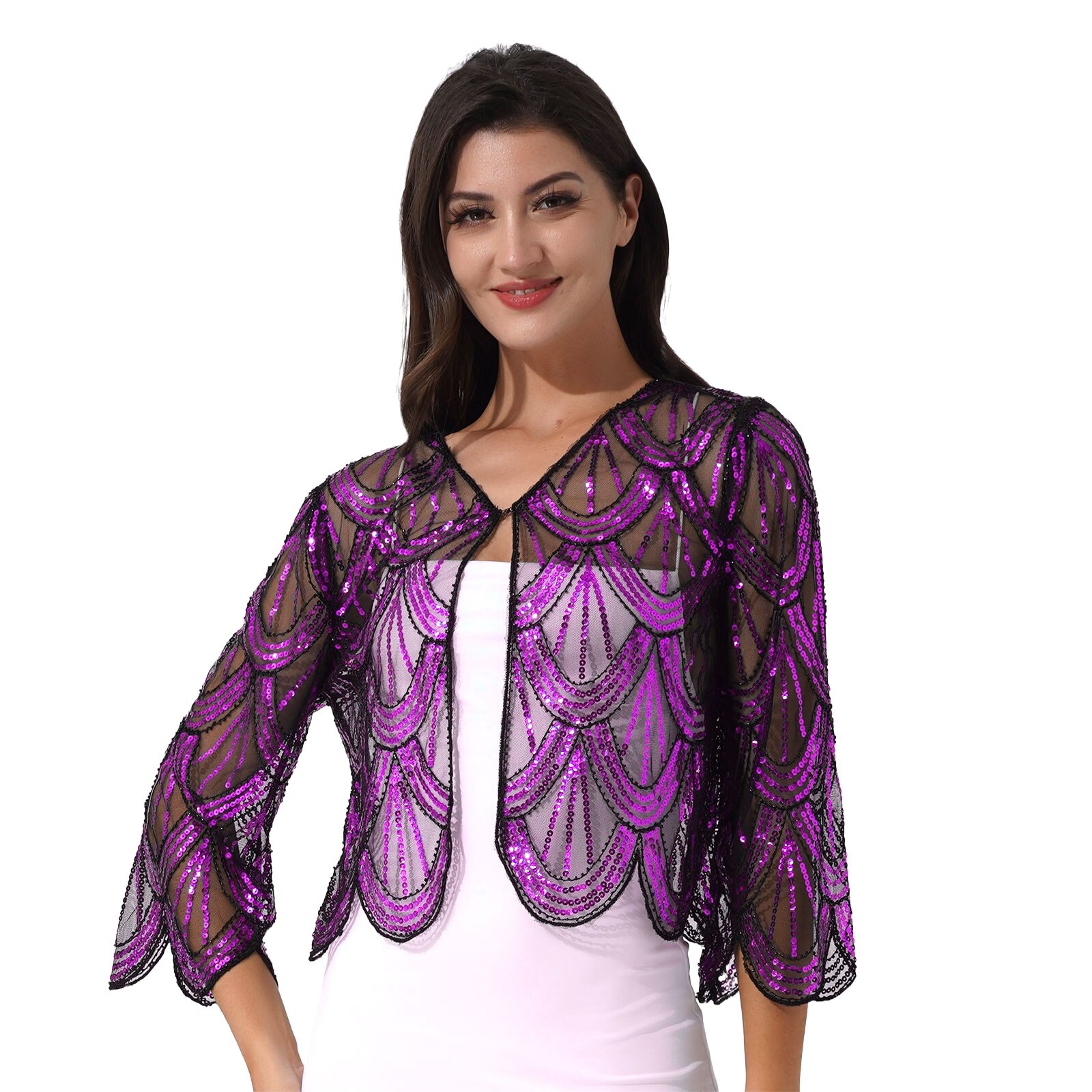 Bolero de lentejuelas para mujer, chal de manga larga, encogimiento de hombros, cárdigan, Tops, envoltura nupcial de boda, vestido sin mangas, cubierta de protección solar: Gris