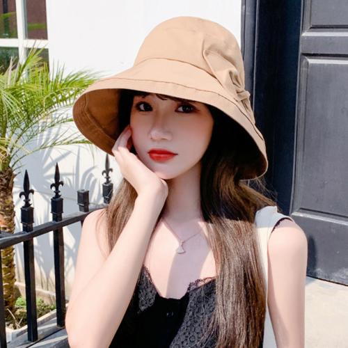 Women Solid Color Bowknot Wide Brim UV Protection Summer Sun Hat Bucket Cap: Khaki