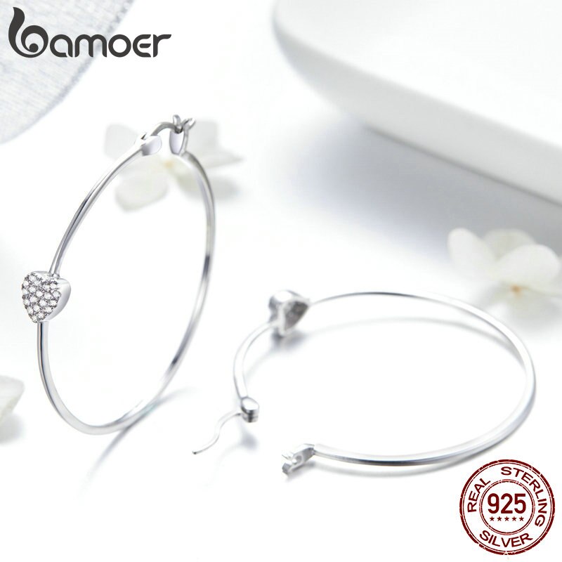 BAMOER Authentische 925 Sterling Silber Großen Kreis Liebe Herz bilden Klar CZ Ohrringe für Frauen Hochzeit Silber Schmuck SCE518