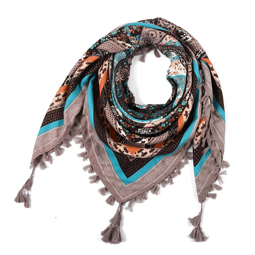Sjaal Vrouwen Winter Bohemian Vierkante Zakdoek Sjaal Wrap Retro Patroon Kwastje Vrouwelijke Sjaal Grote 115Cm Katoen Foulard Bloemen: 37