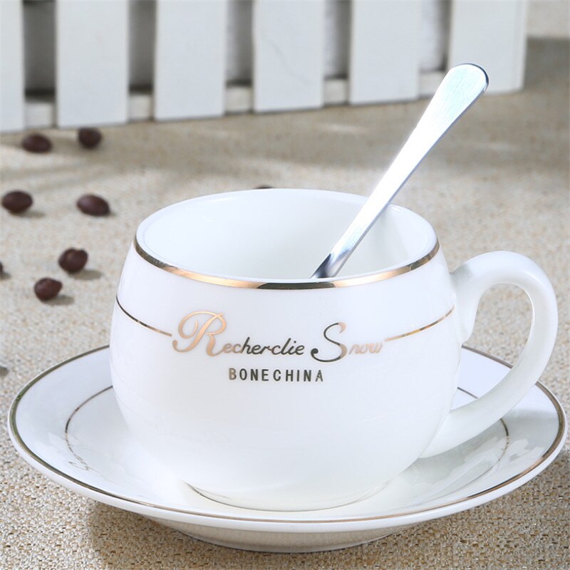 European Simple Cute Coffee Cup with Saucer Spoon Set Bone China Ceramic Tea Cup Office Milk Mug Drinkware: White