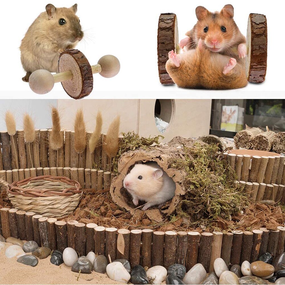 Cute Natural Wooden Rabbits Toys Pine Dumbells Unicycle Bell Roller Chew Toys For Guinea Pigs Rat Small Pet Molars Supplies