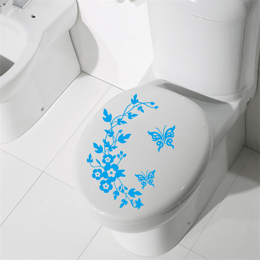 Pegatina de mariposa y flor para inodoro, pegatinas extraíbles de pared para habitación de niños, papel tapiz para decoración de inodoro, 1 ud.: Azul