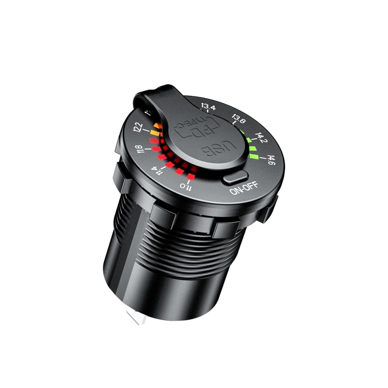 Cargador USB tipo C para coche, dispositivo de carga rápida con voltímetro LED, interruptor de encendido y apagado, 12V, QC3.0