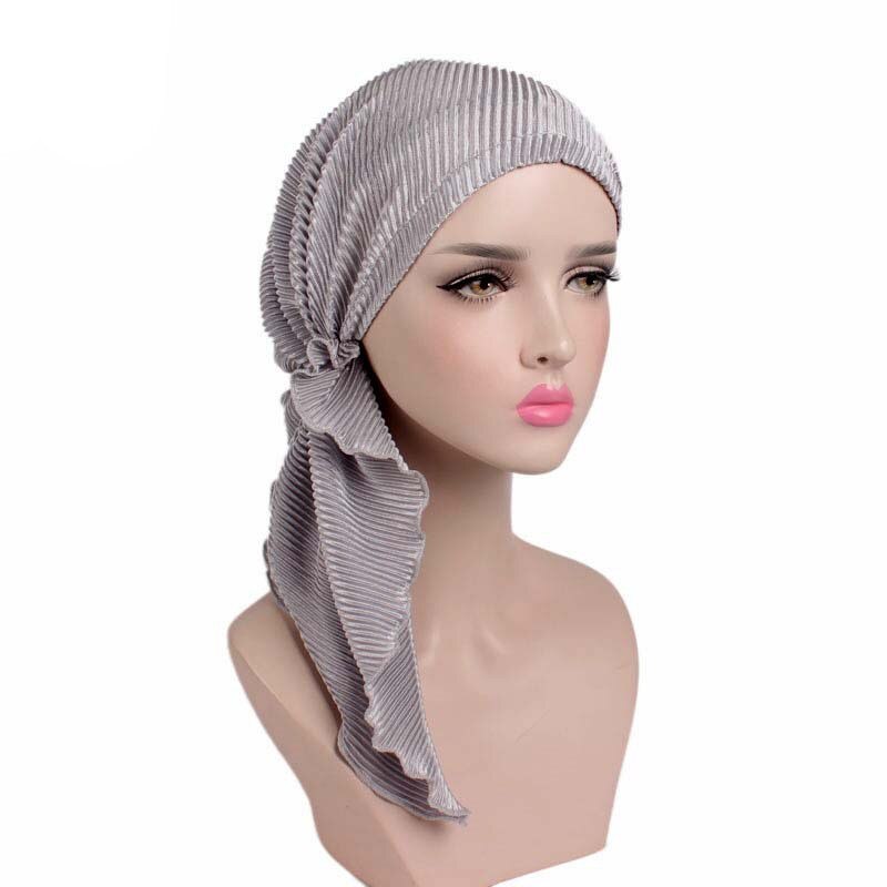 Moslims vrouwen ruches tulband hoed hoofddoek kanker chemo mutsen chemotherapie petten bandana hoofddeksels hoofddoek haaruitval bedekking: Grijs