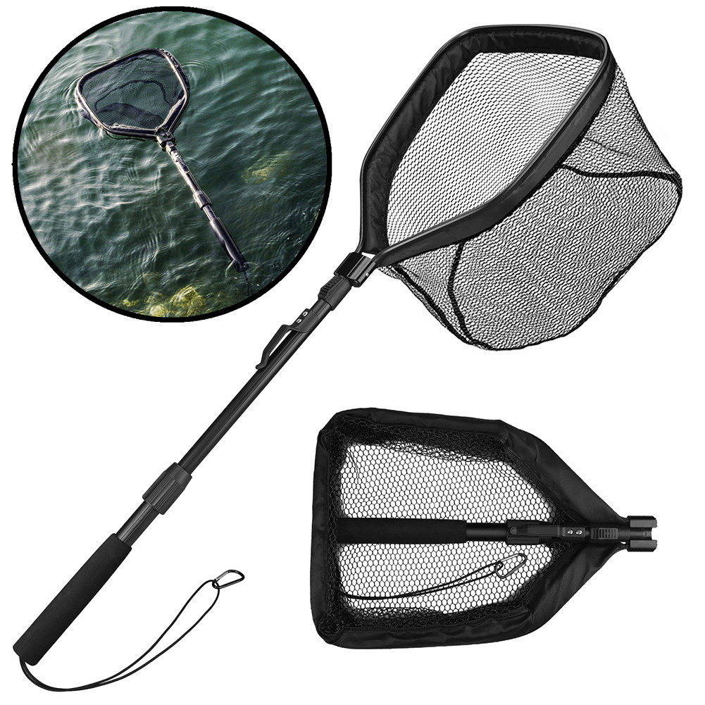 Red de pesca flotante, red de aterrizaje plegable, fácil captura y liberación con poste telescópico, red de pescado recubierta de goma para agua salada y agua dulce