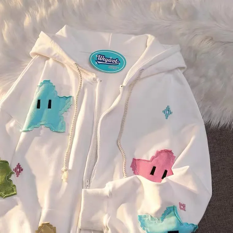 Y2k casaco de grandes dimensões masculino personalidade impressão moletom com capuz feminino moda punk harajuku casal zip up hoodie topos roupas kawaii: S / Bege