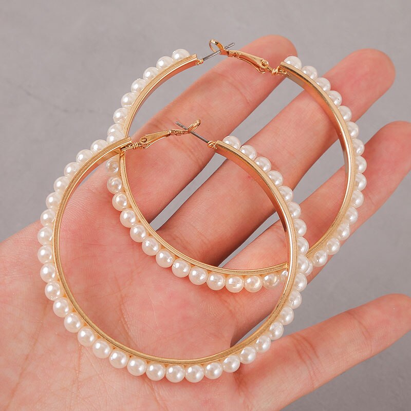 Klassieke Parel Hoepel Oorbellen Voor Vrouwen Trendy Ronde Handgemaakte Kralen Cirkel Oorbel Dames Party Verklaring Sieraden